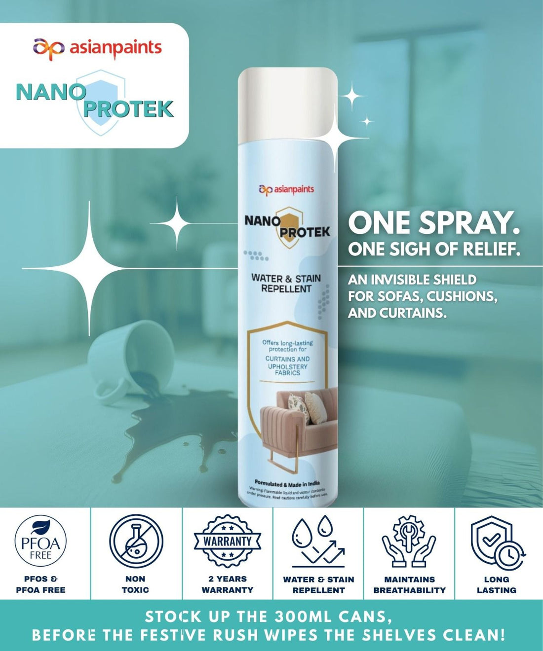 Asian Paints NanoProtek Water & Stain Repellent - 300ml | Offers Long Lasting Protection for Curtains & Upholstery Fabrics